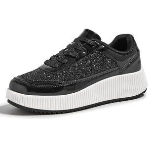 Lucky Step Women's Black Platform Sneakers Rhinestone Fashion Chunky Shoes